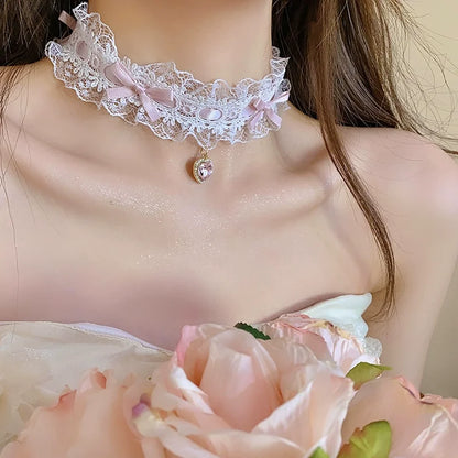 Soft Babydoll Lacy Choker, DDLG/DDLGirl, delicate ribbon with mini heart crystal, soft girl cutecore accessory