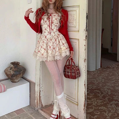 Soft breathable fabric red floral dress and mini cardigan set, perfect for casual dates and outdoor gatherings