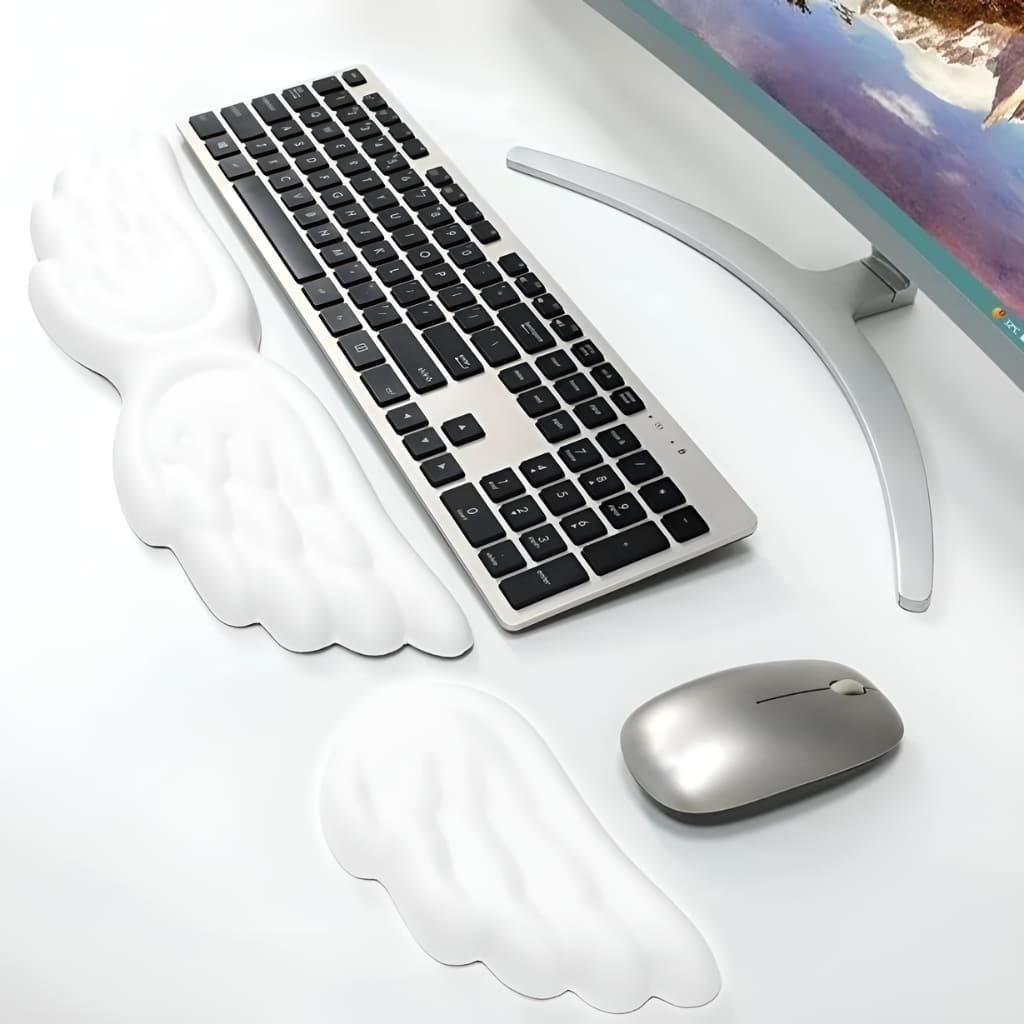 Angel wing wrist support pad with soft foam and stable backing, perfect for kawaii workspaces and aesthetic desks.