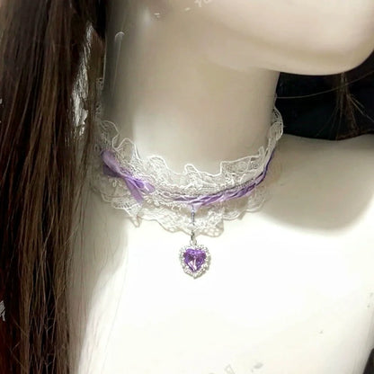Soft Girl Babydoll Choker, lacy ribbon necklace, DDLG/DDLGirl accessory, mini heart crystal, cutecore style