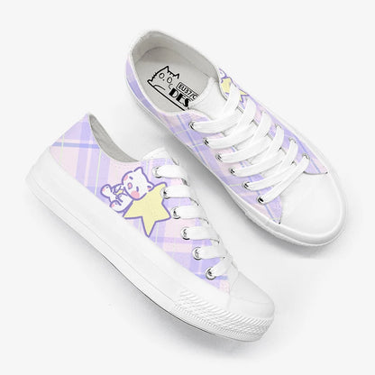 Soft Girl Cosmic Plaid Sneakers with dreamy celestial pattern and fluffy animal details for kawaii outfits