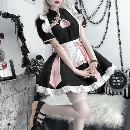 Soft girl kawaii maid cosplay dress with lace and bow details, ideal for cosplay and kawaii fashion