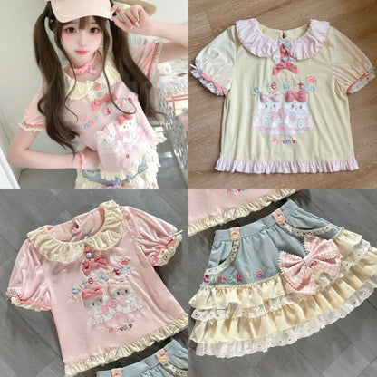 Soft girl style outfit with kitten graphic, bows, and heart details