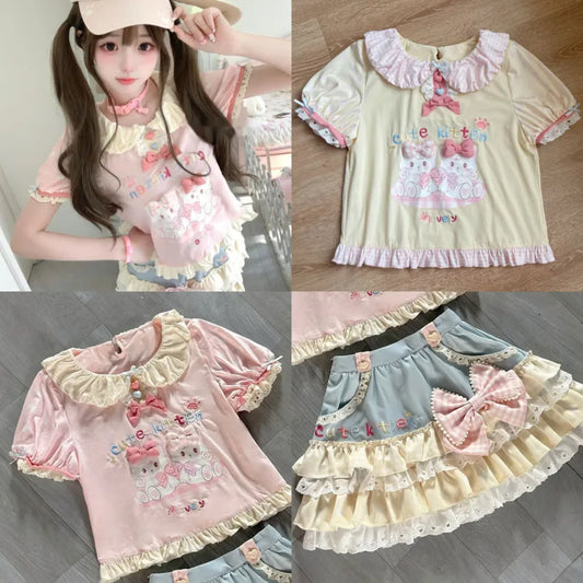 Soft girl style outfit with kitten graphic, bows, and heart details