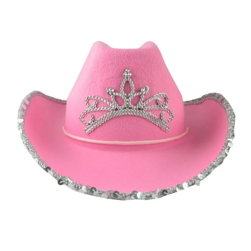 Soft Girl Rose Princess Cowgirl Hat pink pastel with whimsical feathers and sparkling princess crown