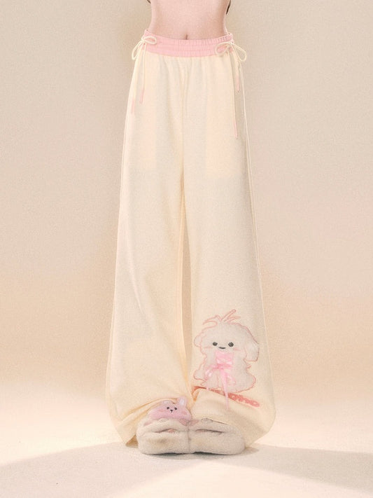 Soft Puppy Lace Wide Leg Pants with lace and puppy motif, cozy kawaii outfit for DDLG and ABDL fashion.