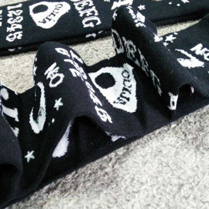Softcore black and white dark magic stockings with occult symbols, perfect for kawaii gothic fashion