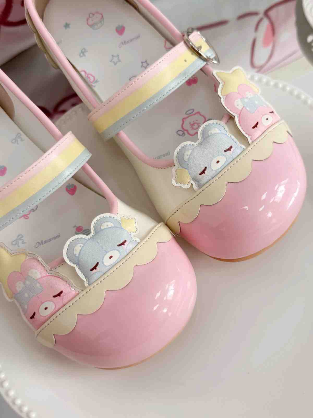 Softcore pastel Teddy Lolita flats with rainbow buckle line, teddy bears, clouds, and kawaii vibes