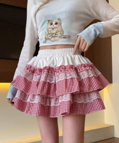 Soft girl DDLG plaid prairie skirt with flowy ruffle hem for picnic and country vibes