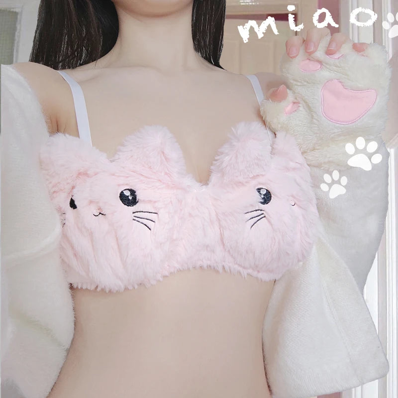 Soft girl pink fuzzy kitty bra and panty set, pastel cutecore lingerie with playful kawaii charm