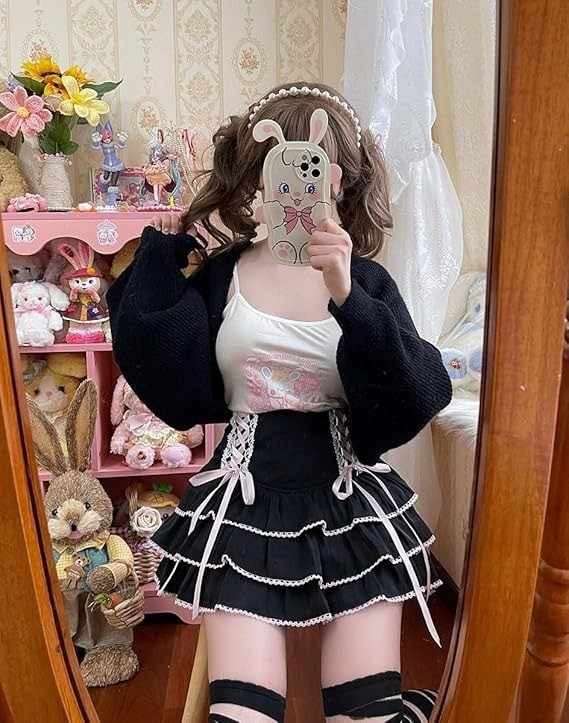 Soft girl Lolita pastel corset skirt with layered frills and ribbon details for dreamy cutecore fashion