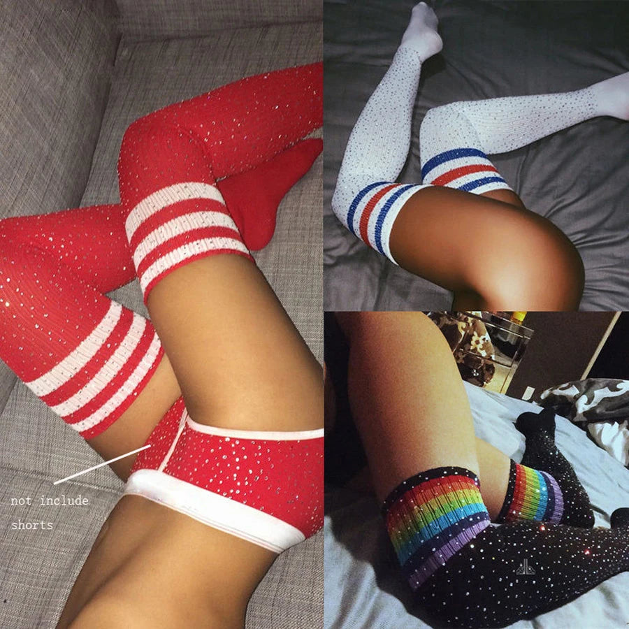 Set of red, white, and black rhinestone sparkle stockings for kawaii DDLG/ABDL fashion.