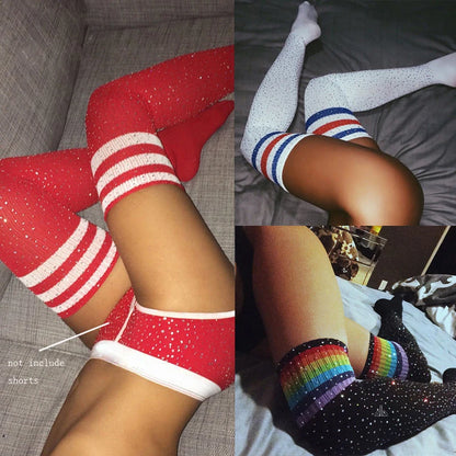 Set of red, white, and black rhinestone sparkle stockings for kawaii DDLG/ABDL fashion.