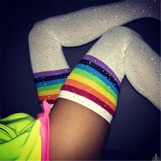 White glitter stockings with rainbow sparkle, comfy stretch fit for DDLG/ABDL kawaii fashion.