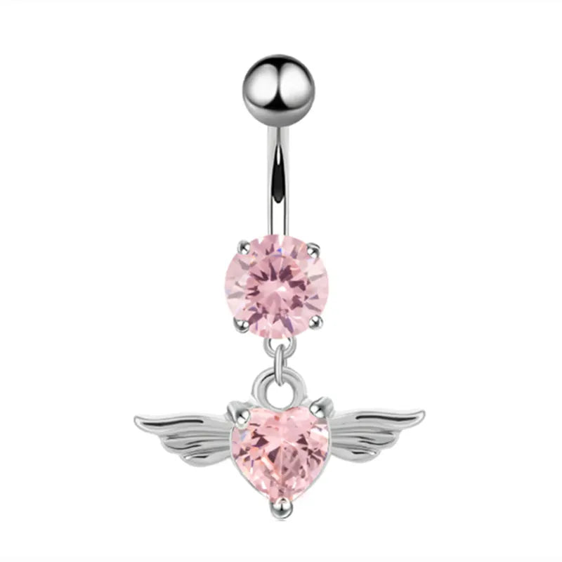 Sparkly pink belly ring set with kawaii heart and star charms in pastel shades