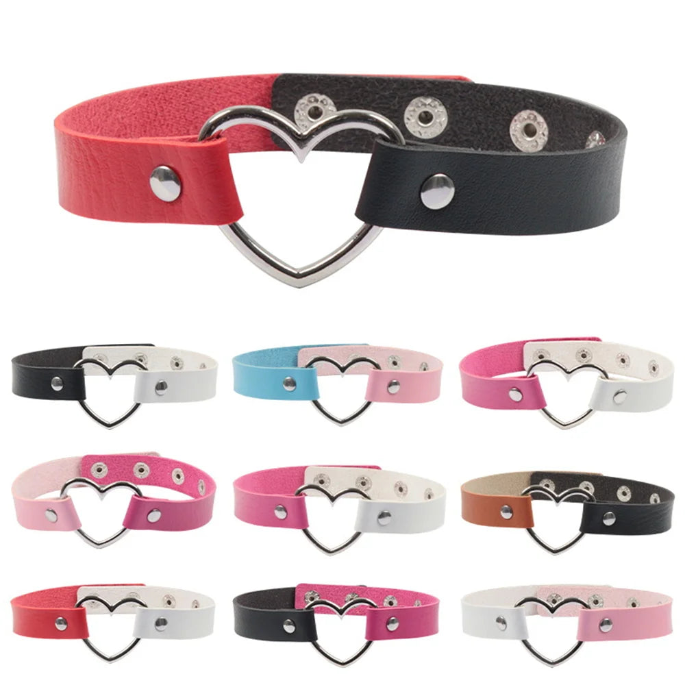Split Babe Vegan Choker in two-tone colors with heart charm, adjustable vegan leather for DDLG babes