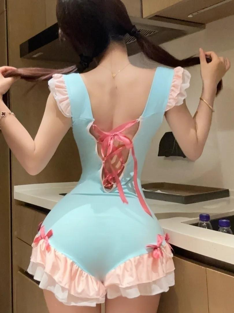 Spoiled Princess Dollcore Bodysuit cyan and pink with lace and ruffles, perfect DDLG ABDL little and caregiver soft-life dollcore cutecore outfit