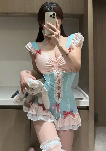 spoiled princess dollcore bodysuit in pastel pink and blue with lace and ruffles, soft-life aesthetic
