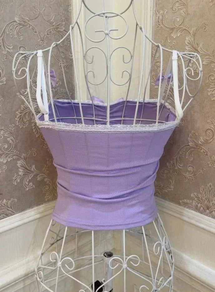 Back view of Spoiled Princess purple tank top showing pearl detail and soft fabric