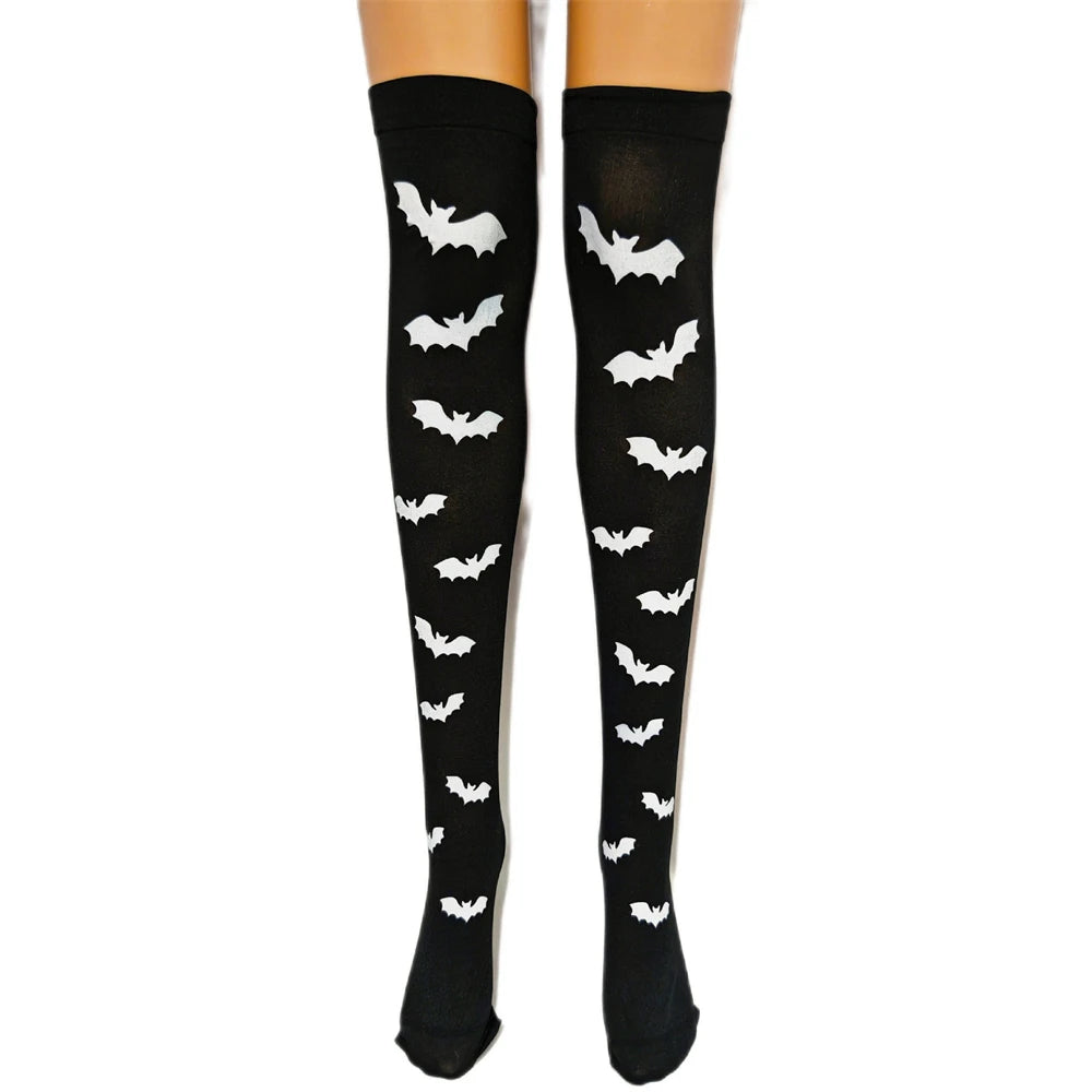 Black and white bat only style Spooky Bat Halloween thigh highs with bat silhouettes