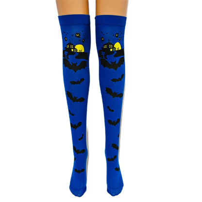 Spooky Bat Halloween Thigh Highs in blue with haunted house Halloween graphic