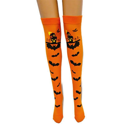 Bat print Halloween thigh highs styled for gothic kawaii goth cosplay outfits