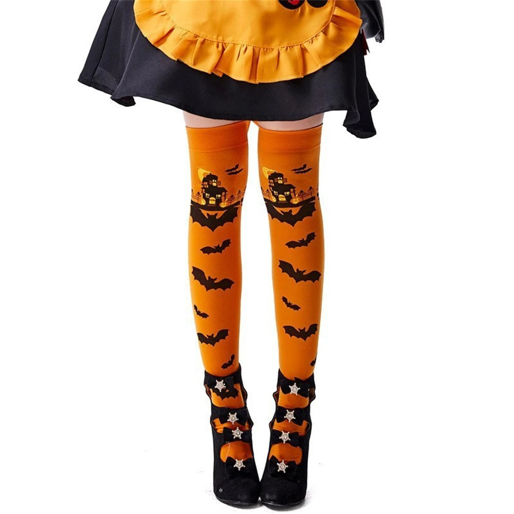 Spooky Bat Halloween Thigh Highs in orange showing full moon and flying bats print