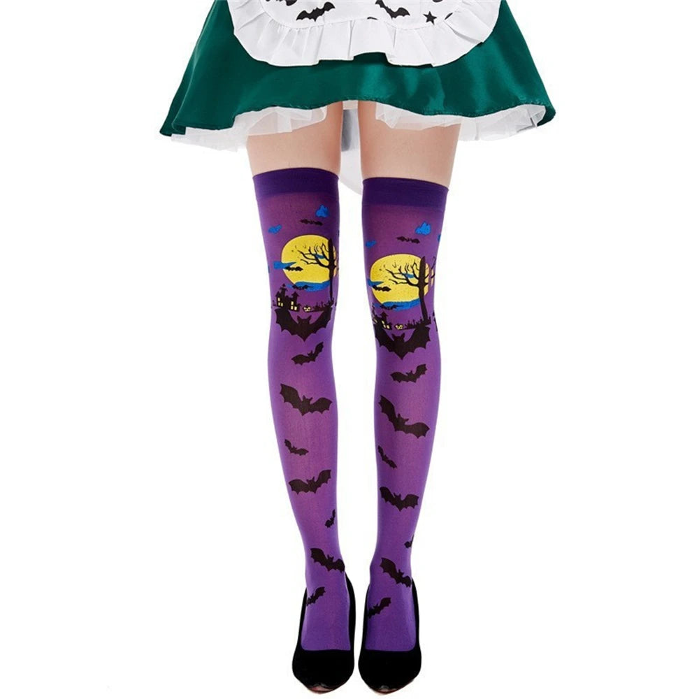 Spooky Bat Halloween Thigh Highs in purple with haunted house and bat design, front view