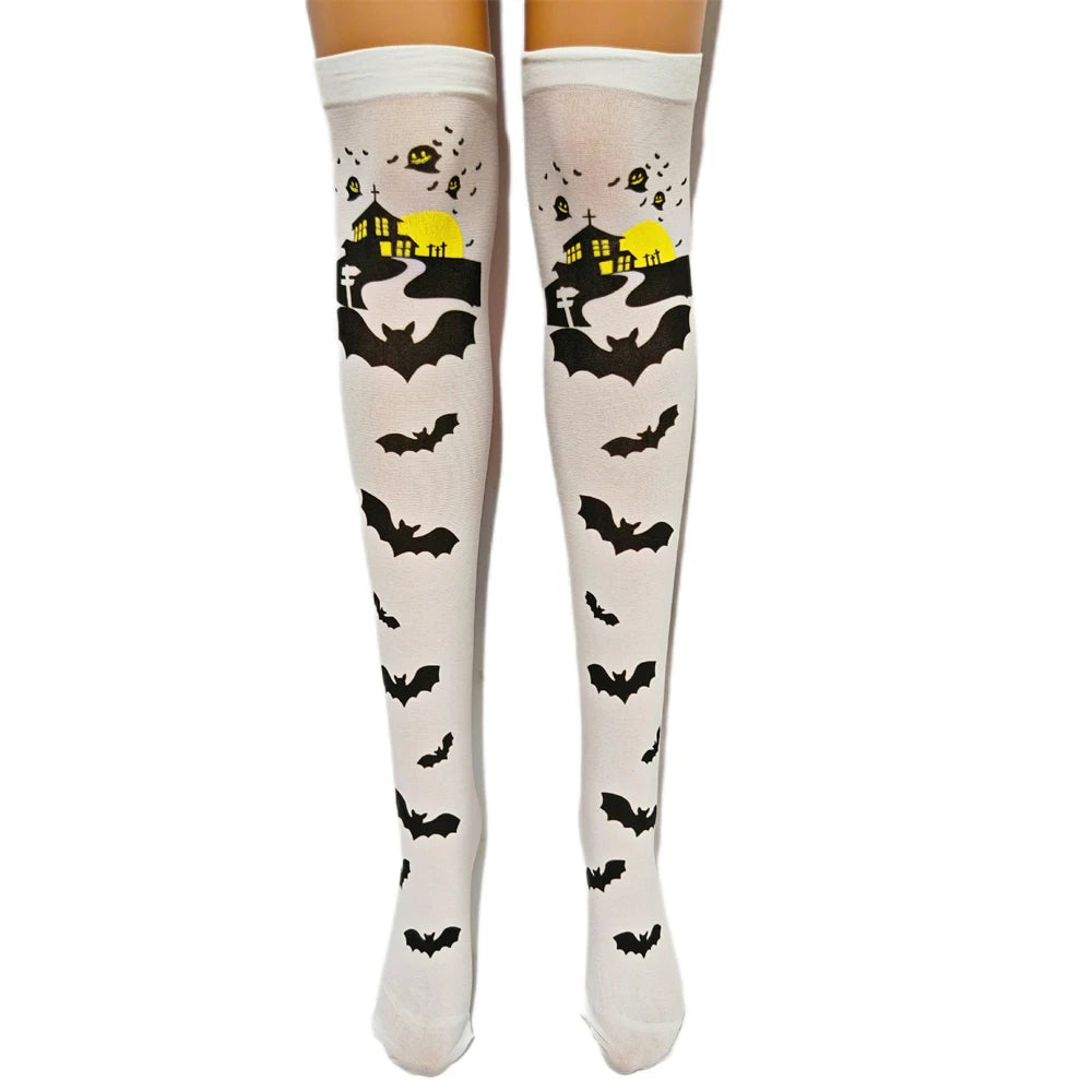 Spooky Bat Halloween thigh highs styled above the knee for costume party looks