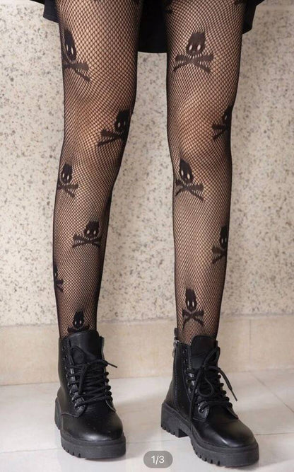 spooky cute skull stockings in fishnet style, playful goth accessory