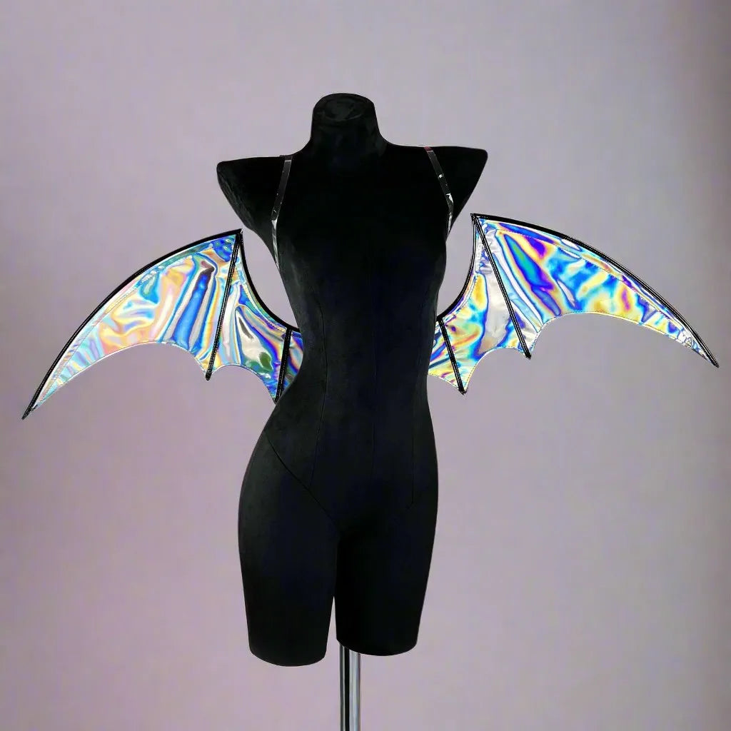Close-up Spooky Holographic Cutie Wings Bat, kawaii cosplay accessory for DDLG ABDL, lightweight and magical cutecore style