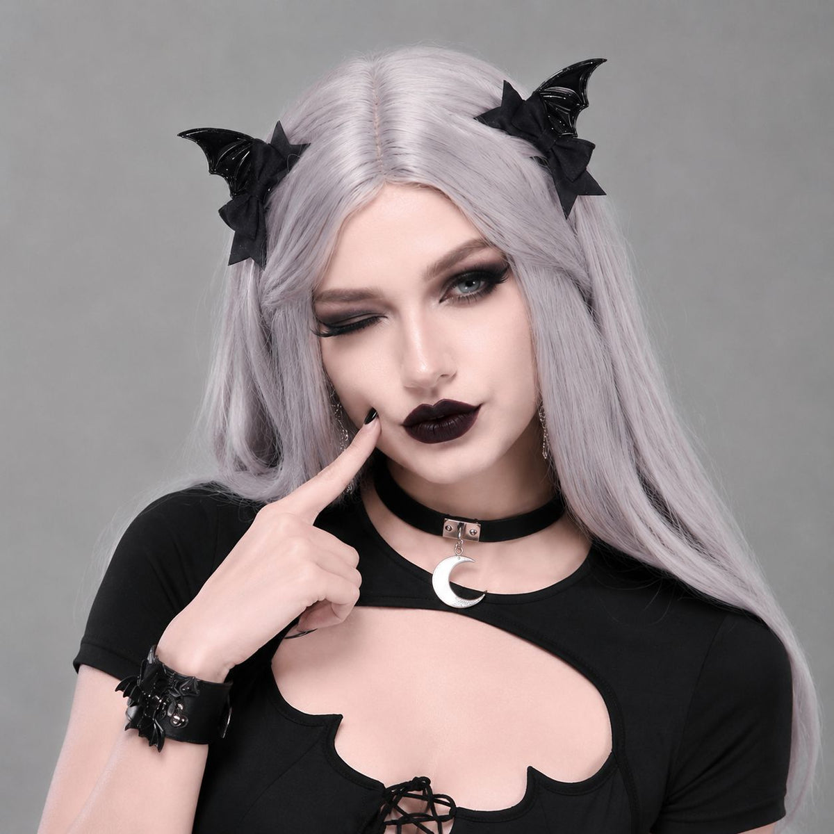 Closeup of sharp black bat wing detail on Spooky Lolita Bat Hair Clip for gothic kawaii punk Lolita cosplay and alternative outfits