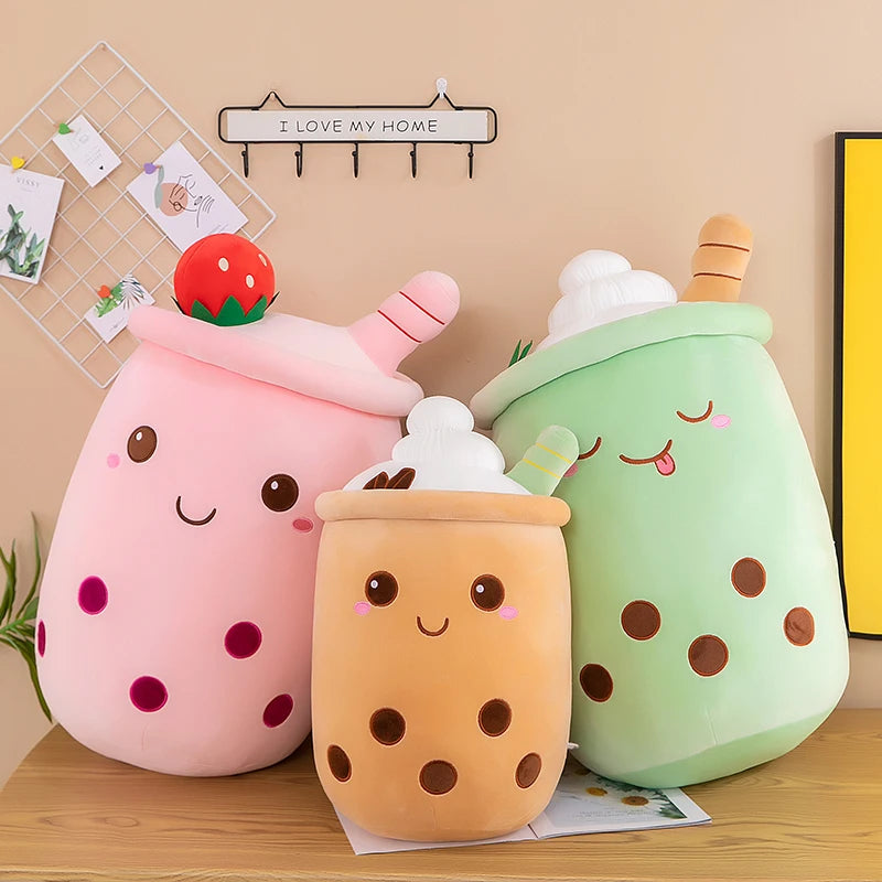 Squishy Bubble Tea Cuddle Plushie 3-pack in caramel, strawberry, and matcha, super soft kawaii plush
