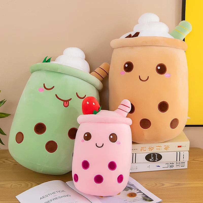 Squishy Bubble Tea Cuddle Plushies trio in caramel, strawberry, matcha, soft kawaii collectible