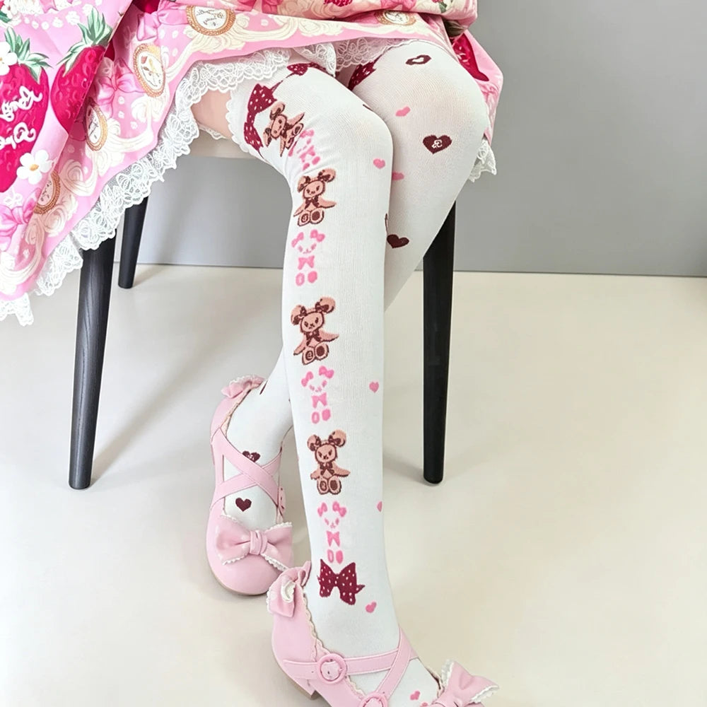 Side view of Stacked With Love teddy stockings showing full bear parade