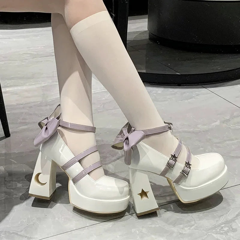 Stardust Luna platform heels with kawaii ribbons, pastel lolita style, DDLG and ABDL approved