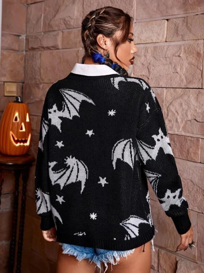 Back view of Starry Night Bat Sweater, black cozy oversized pullover with celestial starry night design, spooky-cute goth aesthetic ✨🖤
