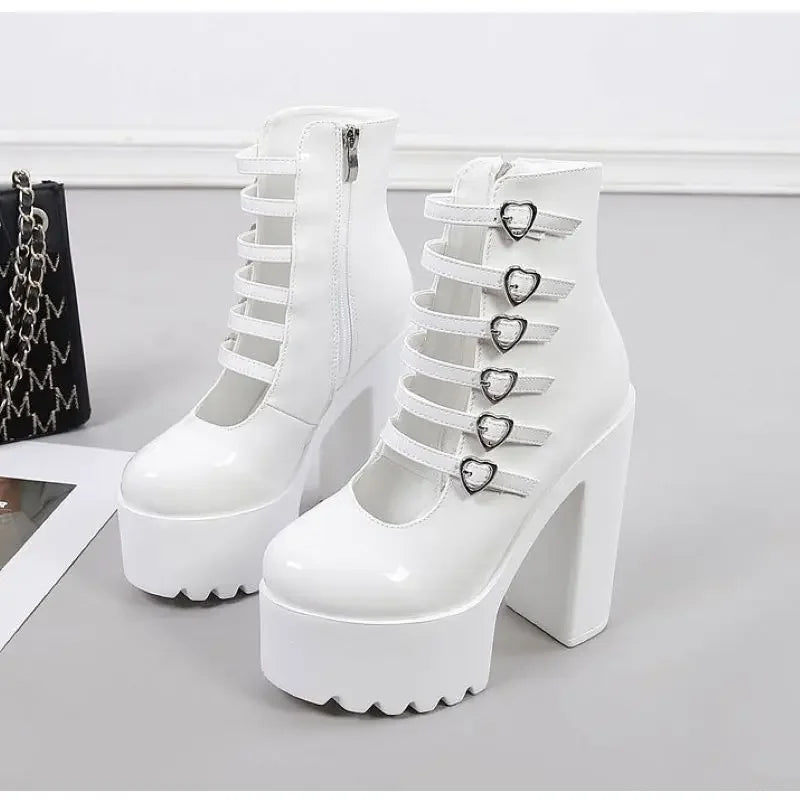Statement Cupid Lock Tower Heels with chunky heels and heart buckles for crushcore style