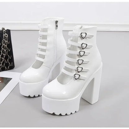 Statement Cupid Lock Tower Heels with chunky heels and heart buckles for crushcore style