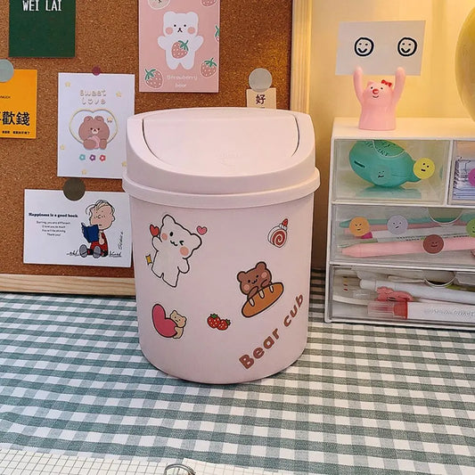 Pastel pink Sticker Bear Mini Trash Can with chubby bear design and sticker-friendly surface