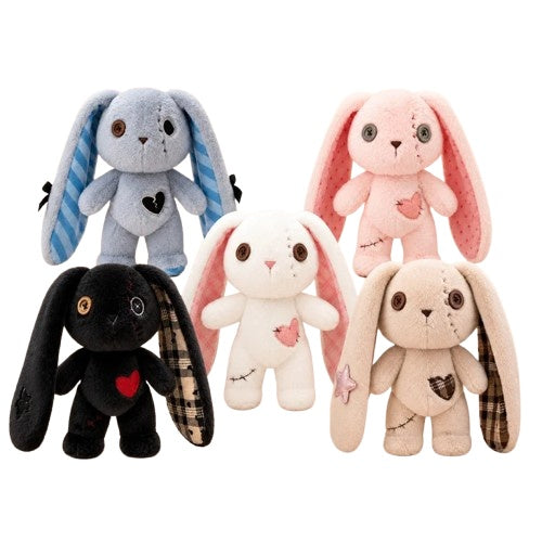 All five colorways of stitched heart bunny doll plush lined up together