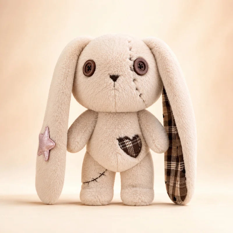 Beige stitched heart bunny doll plush with floppy ears, kawaii plushie style