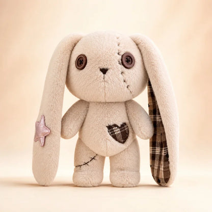 Beige stitched heart bunny doll plush with floppy ears, kawaii plushie style