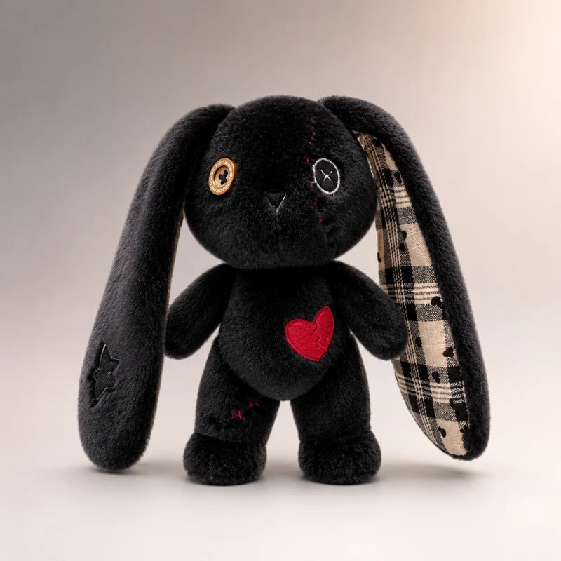 Black stitched heart bunny doll plush, gothic dollcore DDLGirl style