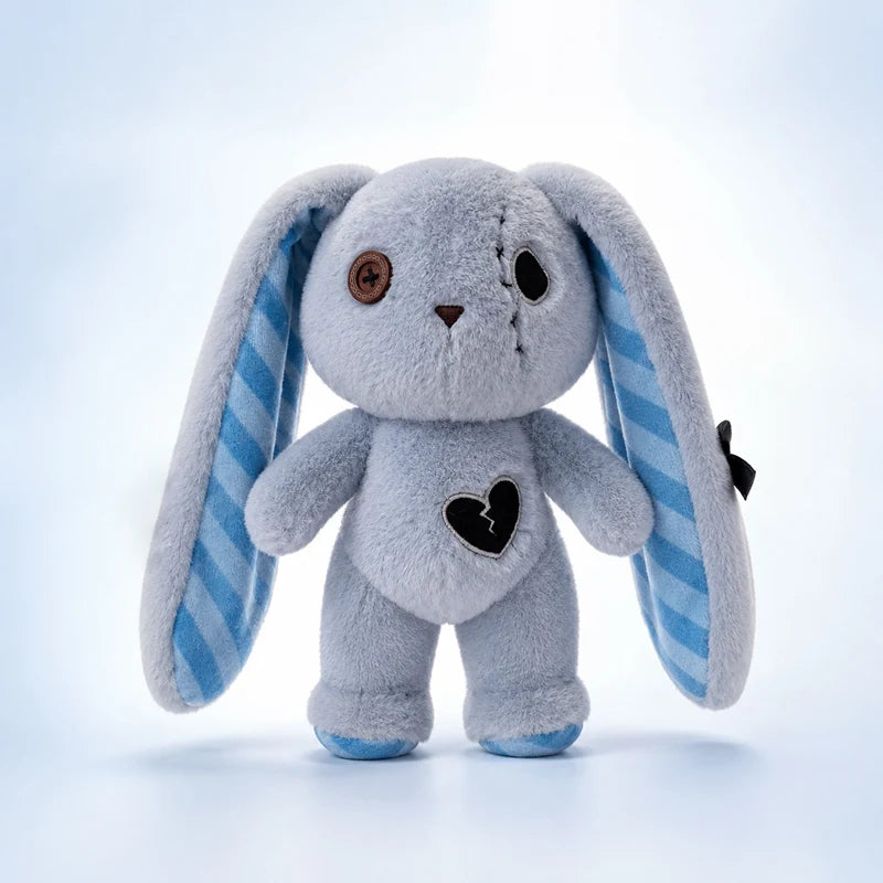 Blue stitched heart bunny doll plush with mismatched button eyes, DDLGirl style