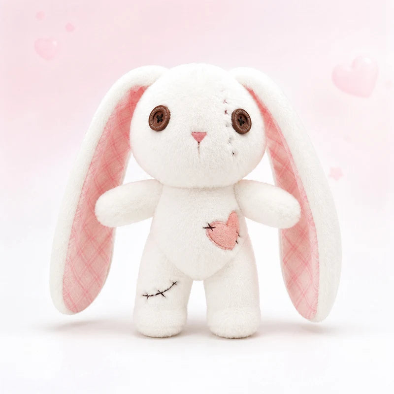 White stitched heart bunny doll plush with heart patch accent, Yami Kawaii style