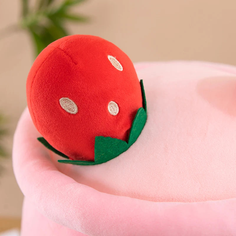 Strawberry Bubble Tea Cuddle Plushie close-up, soft, huggable kawaii plush for littles