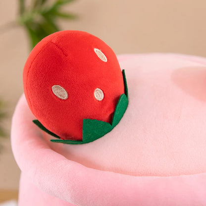 Strawberry Bubble Tea Cuddle Plushie close-up, soft, huggable kawaii plush for littles