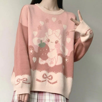 Strawberry Bunny Lolita sweater with oversized bunny artwork, ribbons, hearts, and floral kawaii knit pullover