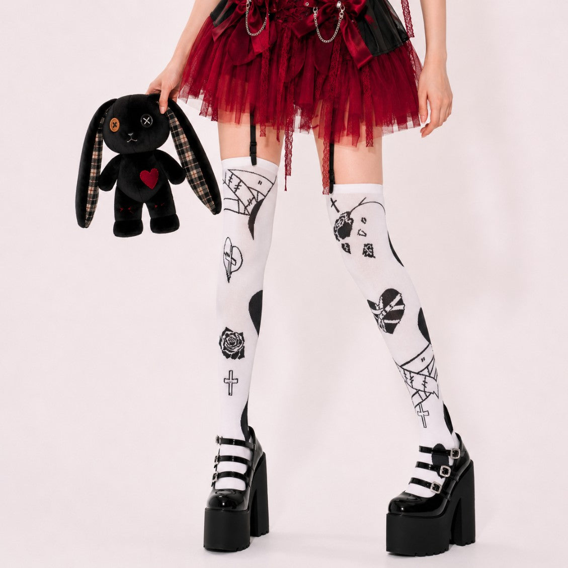 Black and white nurse darling pantyhose with hearts and roses, gothic Menhera style